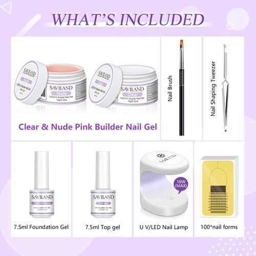 SAVILAND Builder Nail Gel Set - 2 Basic Colors Nail Extension Kit Clear Nude Nail Strengthen Gel with Nail Brush 100 Pcs Nail Forms for Nail Extension at Home Nail Salon, Nail Art DIY