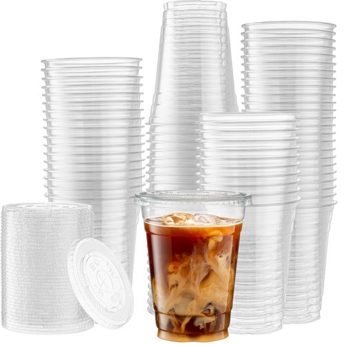 ELEGANT DISPOSABLES oz Clear Plastic Cups with Flat Lids - 50 Pack Disposable Plastic Parfait Cups - for Iced Coffee, Milkshakes, Cold Drinks, Smoothie, Slurpee, Boba Cup
