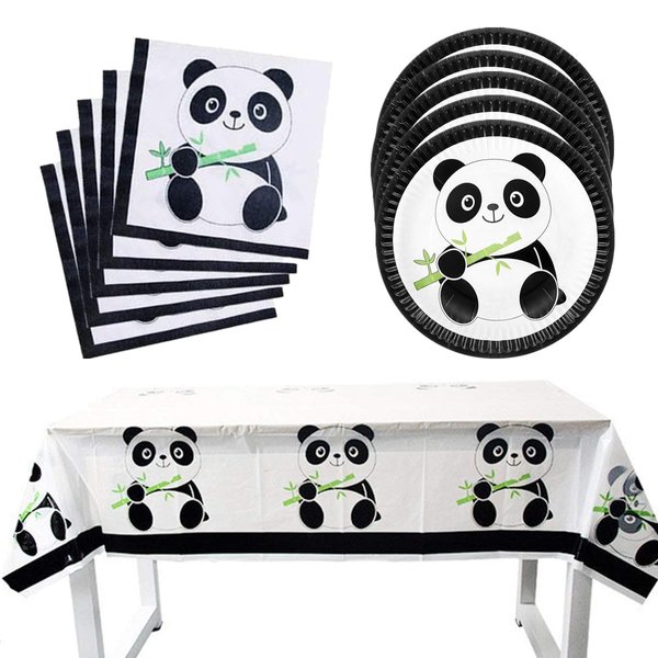 41 Pcs Panda Party Supplies Set, Panda Disposable Tableware Including 20Pcs Plates, 20Pcs Napkins and 1 Tablecloth