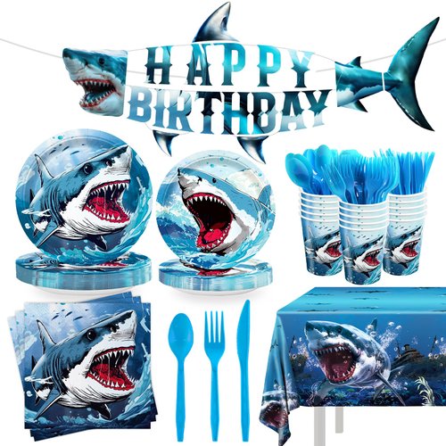170pcs Shark Party Supplies Shark Paper Plates Napkins Under the Sea Birthday Party Tableware Set Disposable Cups Tablecloth for Boy's Shark Theme Birthday Party Decorations