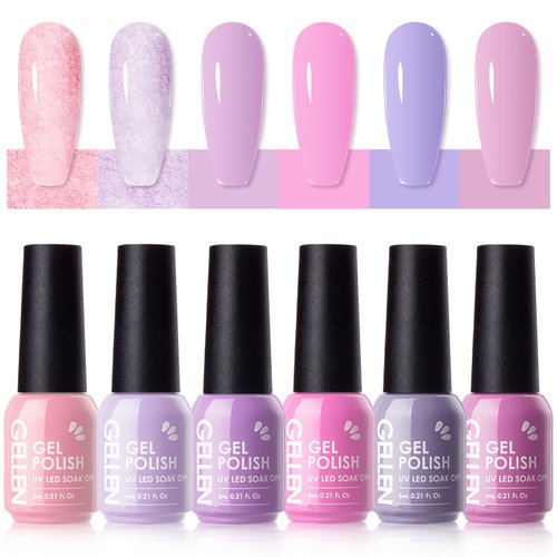 Gellen Gel Nail Polish Set, 6 Colors Pastel Pink Gel Polish Purple Nail Polish Set, Soak Off UV G...