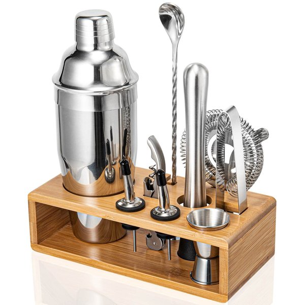 Cocktail Shaker Set, Mixology Bartender Kit 10-Piece Bar Tool Set with Stylish Bamboo Stand, Bar kit: Matini Shaker Mixing Spoon Muddler Jigger Cocksrew for Barware Set