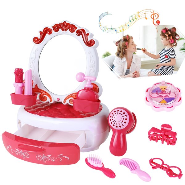 Girls Vanity Set, Toddler Vanity With Light Mirror, Mini Vanity for Girls 5-7 Pretend Makeup Kit, Kids Beauty Salon Play Set, Toddlers Dress-Up Toy Vanities Doll Furniture for Christmas Birthday Gifts