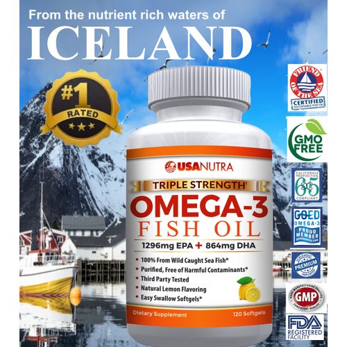 Omega 3 Fish Oil 2250mg with 1350 EPA + 900 DHA Triple Strength Wild Caught Icelandic Fish Oil 120 Capsules. Made in USA