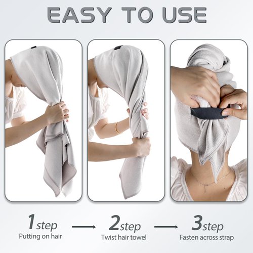 2 Pack Microfiber Hair Towel Wrap for Women - Hair Wrap Towels - Plopping Towel Curly Hair Turban Drying with Elastic Band, Thick, Super-Absorbent, Safe and Hygienic Without Odor (Gray & White)