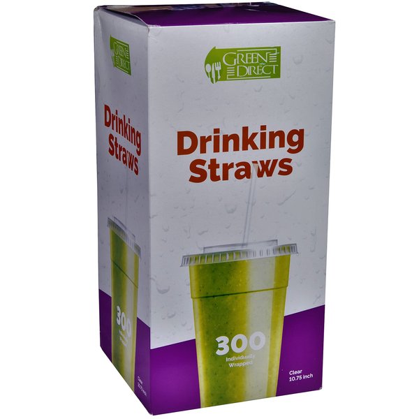 Drinking Straws By Green Direct - Disposable 10.75 inches Plastic Straws individually wrapped - Extra Long & Thick for use with any Jumbo Cup or Water Bottle - BPA Free - Clear Pack of 300