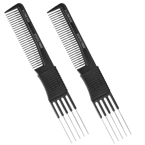 Biaungdo Carbon Lift Teasing Comb with Metal Prong, 2 Pack Black Hair Combs with 5 Pins for Lifting, Fluffing and Styling Hair in Salon