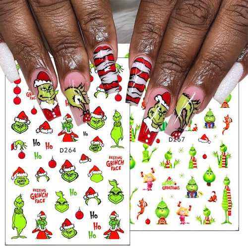12Sheets Christmas Nail Art Stickers Green Fun Cartoon Santa Claus Designs Nail Decals Xmas Tree 3D Self-Adhesive Winter Holiday Nail Decoration Xmas DIY Manicure Accessories Supplies for Women Kids