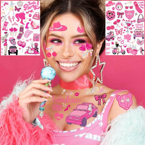 108+ PCS Groovy Pink Temporary Tattoos For Kids Girls Women, Pink Birthday Party Favor Supplies, Y2k Metallic Iridescent Flash Cartoon Fake Tattoo Sticker Children Stocking Fillers Goodie Bags Stuffer