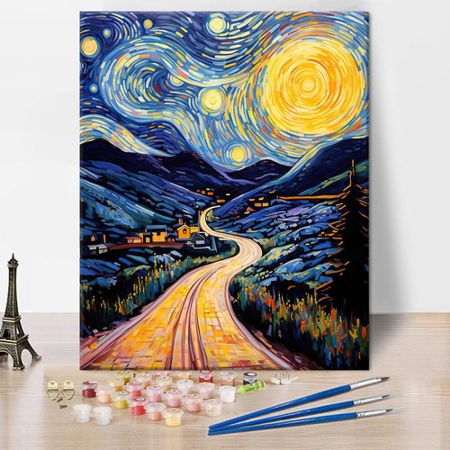 Starry Night Oil Paint by Numbers Kit for Adults Small Town Country Watercolor Paint by Numbers Abstract Full Moon Paint by Numbers Kits on Canvas DIY Paint by Numbers for Adults Beginner 16x20inch