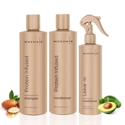 Moehair Trio Pack | Combo of Protein-Infused Shampoo and conditioner Set with Leave-In Conditioner | Hydrates Dry, Damaged Hair | Frizz Control Haircare Combo (12 Fl. Oz)