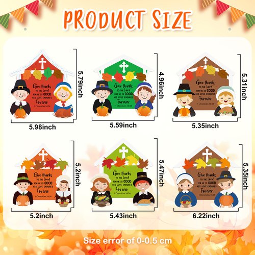 Vertintong 24 Sets Thanksgiving Craft Kit for Kids Pilgrim “Give Thanks” DIY Stickers Fall Autumn Ornaments Making Kit Make Your Own Crafts Church Sunday School Classroom Party Door Hanging Decoration