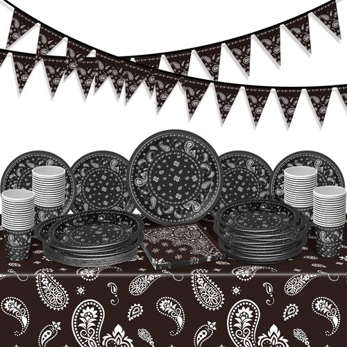 123 Pcs Western Cowboy Party Decoration Include 1 Plastic Paisley Print Tablecloth 2 Bandana Pennant Banner 60 Disposable Paper Plates 30 Cups and 30 Napkins for Western Cowboy Theme Party(Black)