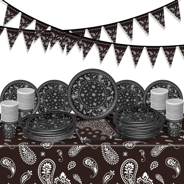 123 Pcs Western Cowboy Party Decoration Include 1 Plastic Paisley Print Tablecloth 2 Bandana Pennant Banner 60 Disposable Paper Plates 30 Cups and 30 Napkins for Western Cowboy Theme Party(Black)