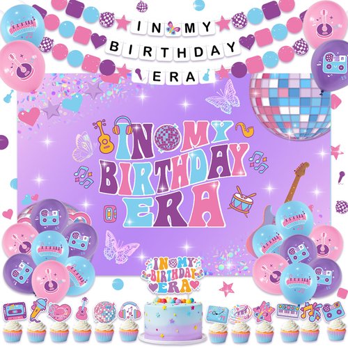 45PCS Music Banner Superstar Birthday for Singer Birthday Party Pre-strung Friendship Bracelet Background Balloon Cake Topper Party Decoration Supplies In My Birthday Era Party Decoration Supplies
