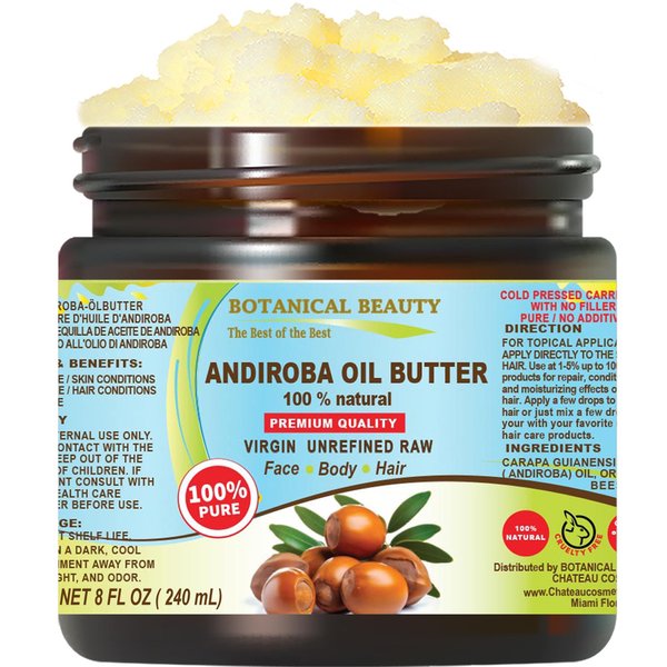Botanical Beauty ANDIROBA OIL BUTTER RAW Pure Natural VIRGIN UNREFINED Cold-Pressed 8 Fl oz 240 ml for Face, Skin, Body, Hair, Lip, Nails. Rich in Vitamin E, Vitamin C