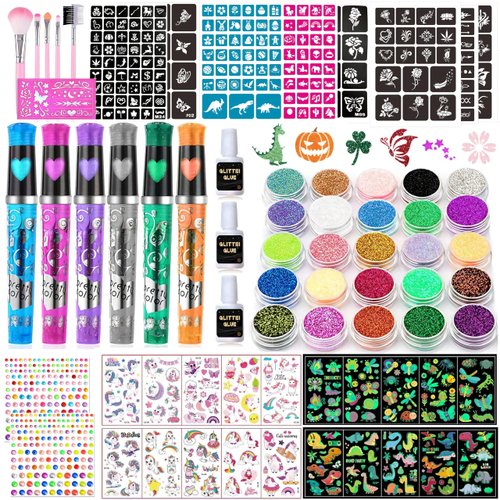 TEUVO Kids Glitter Tattoo Kit with 25 Colors, 225 Stencils, 6 Pens, 2 Rhinestone Sheets, 5Brushes, 3Glues, 20 Sheets Colorful & Glow-in-the-dark Mixed Temporary Tattoos Stickers for Halloween Birthday