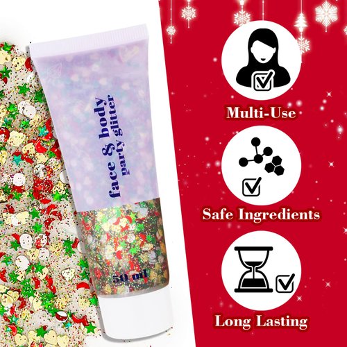 Paminify Christmas Makeup Face Glitter Gel,Green Red Body Glitter Gel Rave Accessories,Stocking Stuffers Kids Self-Adhesive Sequins Glitter,Sparkling Festival Party Gift for Women Girls,50ML