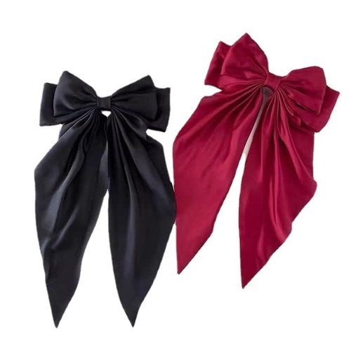 HLLMX Satin Silky Bowknot Hair Clips with Long Tail - French Barrette and Ribbon Hair Accessories for Women Girls (Black, Wine Red)