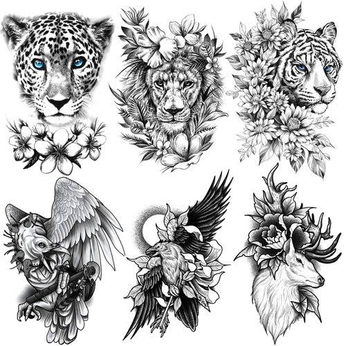 Kotbs 6 Sheets Black Tribal Realistic Animal Flower Temporary Tattoos for Men Women, Waterproof Tattoo Stickers for Teens Kids 3D Lion Tiger Leopard Bird Deer Pattern