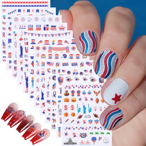 12 Sheets 4th of July Nail Art Stickers 3D Self-Adhesive Independence Day Nail Decals Fourth of July Acrylic Nail Supplies USA Flag Star Patriotic for Women Girls Memorial Day DIY Nails Art Decoration