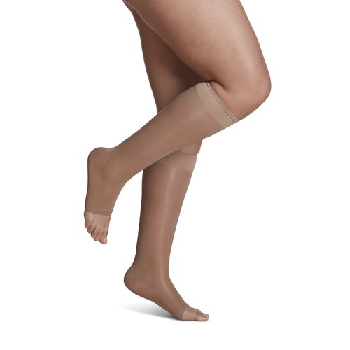 SIGVARIS Women's Sheer Fashion Open Toe Calf Height - 15-20mmHg Weight Compression Hose - Lightweight & Breathable in Soft Stretch Fabric for Comfortable Everyday Wear - Golden - B (Medium)