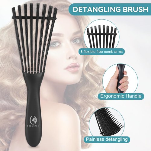 BRUSHZOO Hair Styling Set: Detangling Brushes for Curly Hair with Teasing Brush, Rat Tail Comb, and Edge Brush for Women, Men, and Kids (Black)