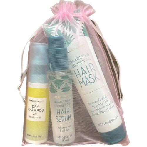 Trader Joes Shea Butter & Coconut Oil Hair Mask, Shea Butter & Coconut Oil Hair Serum and Dry Shampoo bundle with a gift bag
