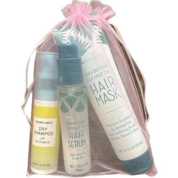 Trader Joes Shea Butter & Coconut Oil Hair Mask, Shea Butter & Coconut Oil Hair Serum and Dry Shampoo bundle with a gift bag