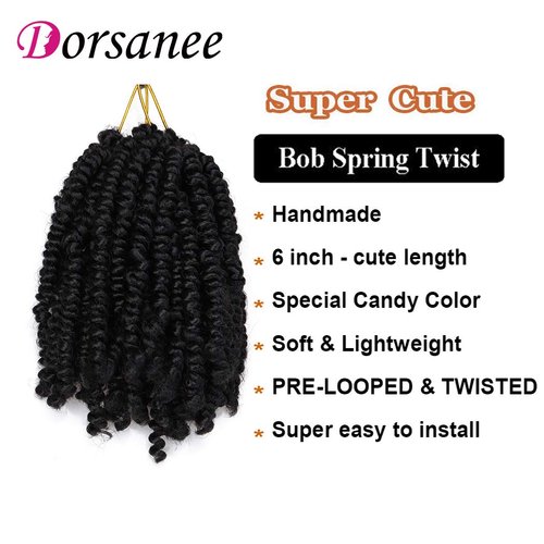 Bob Spring Twist 6 Inch Cute Spring Twists Crochet Braids Short Passion Twist Hair Pre-twisted Fluffy Twist Bomb Twist Handmade Twist Hair Extensions (6Packs, 1B#)