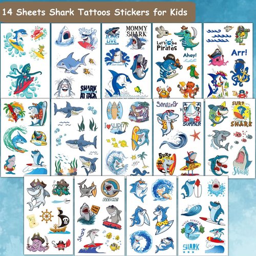 CHARLENT Summer Shark Tattoos for Kids - 14 Sheets Shark Pool Party Temporary Tattoos for Boys Birthday Party Favors Goodie Bag Fillers