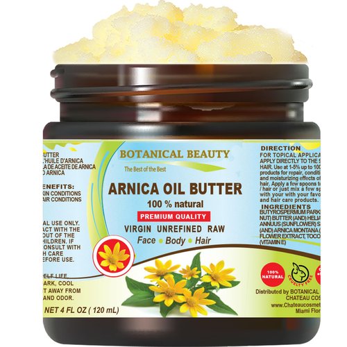 Botanical Beauty ARNICA OIL BUTTER Arnica Montana in Shea Butter 100% Natural for FACE, SKIN, BODY, HAIR, NAILS 4 Fl.oz.- 120 ml Skin Moisturizer Oil Butter, Skin Nourishing Oil Butter