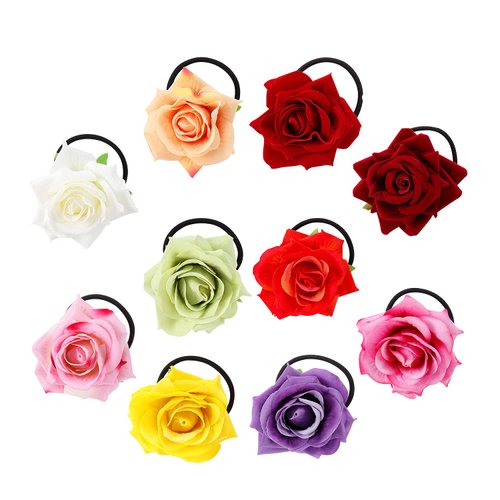 Lawie 10 Pack Colorful White Red Cloth Fabric Rose Flower Hair Ties Stretchy Floral Bow Hair Tie Ponytail Holder Elastic Hair Band Scrunchies Decorative Hair Accessories for Women Girls Wedding Bridal