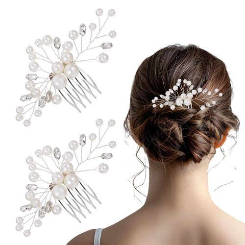 2 PCS Wedding Hair Comb, Bride Pearl Hair Side Comb Rhinestone Hair Clips Pearls Flower Hair Side Comb Sparkle Bridal Hair Pieces Wedding Hair Accessories for Brides Bridesmaids Women Girls (Silver)