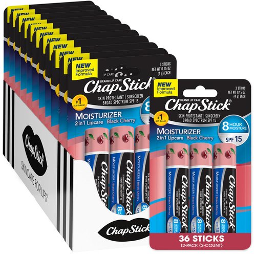 ChapStick Lip Moisturizer, Black Cherry 2-in-1 Lipcare SPF 15 3-Packs (12 Sets/36 Tubes) – Bulk Lip Balm, New Improved Formula, 0.15 Oz Ea