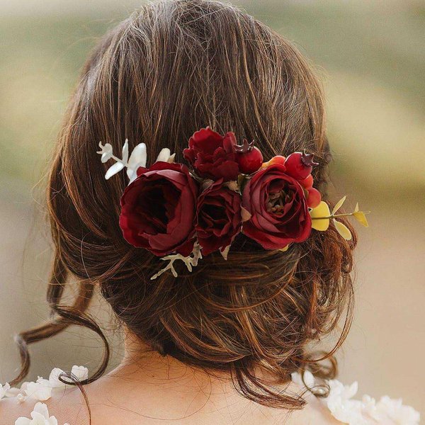 Fangsen Red Berry Rose Silver Gold Eucalyptus Leaf Burgundy Hair Comb Festival Headpiece Christmas Hair Baubles for Holiday Cosplay Women Party (#01)