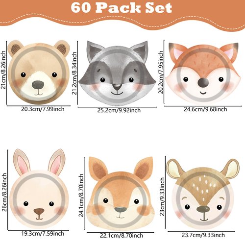 60 Count Woodland Party Paper Plates Animal Shaped Disposable Plates Woodland Creatures Plates Forest Birthday Party Decorations Plates for Birthday Baby Shower Woodland Animal Theme Party Favors