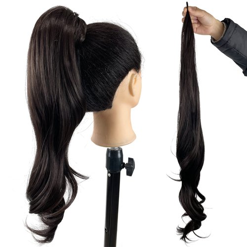 Dark Brown Ponytail Extension 4# Long Wavy Fake Ponytail 32 Inch Curly Flexible Wrap Around Ponytail Hair Extensions Synthetic Pony Tails Hair Extension (32 inch, 4)