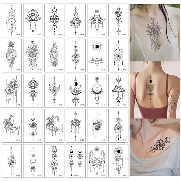 30 Sheets Unique Sexy Black Lotus Temporary Tattoos for Women Wedding Brides, Tribal Fake Jewelry Pendant Lace Moon Moth Flowers Temp Tattoos Temporary Sticker for Girls Arm Neck Hands Tattoos Jewels