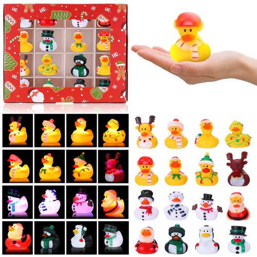 Hollowfly 16 Pcs Christmas Light up Ducks with Gift Box for Christmas Stocking Stuffers Floating Bath Toys Gifts Set Novelty Christmas Rubber Ducks for Kids Toddlers Boys Girls Xmas Party Favor Gift