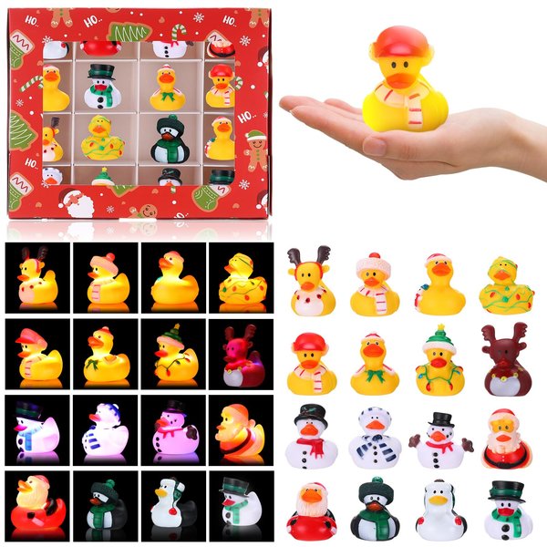 Hollowfly 16 Pcs Christmas Light up Ducks with Gift Box for Christmas Stocking Stuffers Floating Bath Toys Gifts Set Novelty Christmas Rubber Ducks for Kids Toddlers Boys Girls Xmas Party Favor Gift