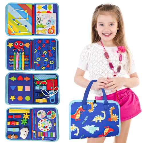 Busy Board - Montessori Toys for 3-6 Year Olds, Birthday Gifts for 3-4-5-6 Year Olds Boys and Girls, Educational Learning Quiet Activity Book, Including Life Skills, Cognition (Blue Dinosaur -8 pages)