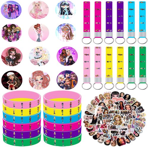 hlelu 86Pcs Cartoon Delicacy Girl Party Supplies Cartoon Girl Party Favors Include 12Pcs Bracelets-12Pcs Button Pins-12Pcs Keychains-50Pcs Stickers for Kids Birthday Party Decorations