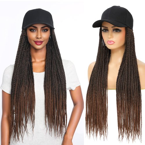 Yunkang Braided Baseball Cap Wig Box Braid with Hat Cap Wig with 24inch Long Synthetic Braiding Hair Attached for Women Ombre Color (B-T30)
