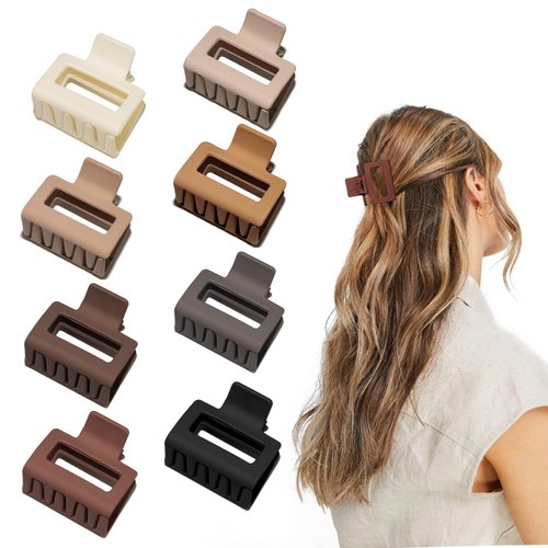 Cobinaan Medium Matte Rectangle Claw Hair Clips for Women Girls, 2 x 1 x 1.8 inch, 8pcs Warm Color, Nonslip Hair Jaw Clips for Thin/Medium Thick Hair