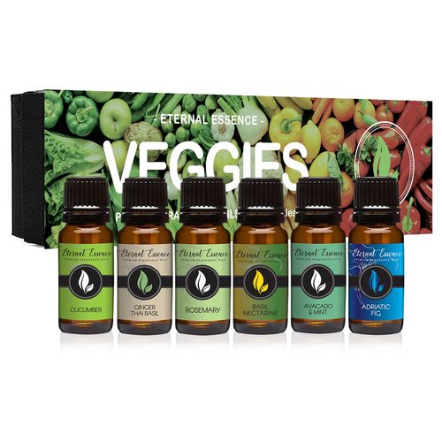 Eternal Essence Oils Veggies Fragrance Oil Gift Set - 6 Long Lasting Scents in 10mL Amber Glass Bottles - Oils for Diffusers, Soap & Candle Making, Aromatherapy - Includes Rosemary, Mint & More