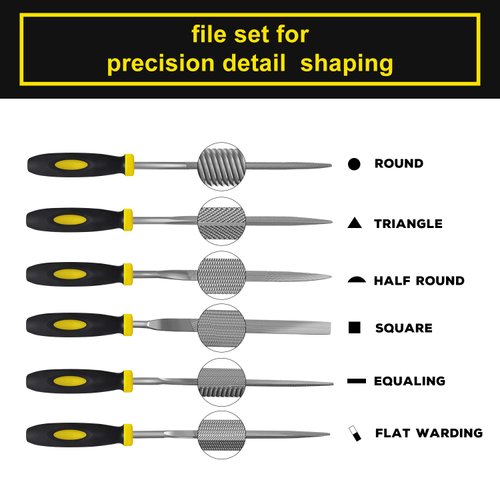 kapoua 6-Piece Metal Needle File Set - Hardened Alloy Steel Includes Flat, Warding, Square, Triangular, Round, and Half-Round Files