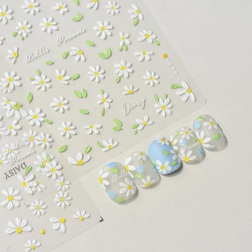 White Daisy Nail Art Stickers Flower Nail Stickers 5D Embossed Flower Nail Decals Cute Daisy Nails Adhesive Sliders Manicure Nail Art Supplies for Spring Summer DIY Nail Art Decorations Accessories