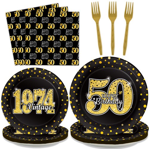 ZOIIWA 96 Pcs Vintage 50th Birthday Party Decorations Vintage 1974 Birthday Party Tableware for Men Woman Cheers to 50 Years Party Dessert Plates Napkins Forks for 24 Guests Back in 1974 Party Favors