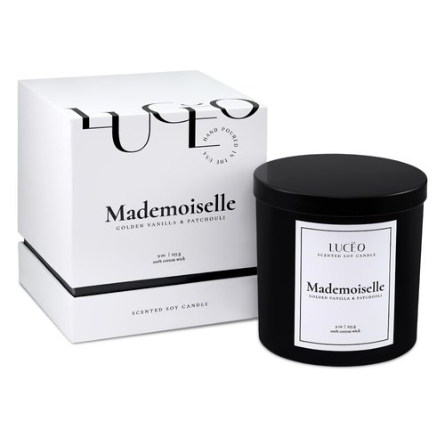 The LUCEO Premium Mademoiselle Candle, Patchouli and Golden Vanilla Candle | Hand-Poured Luxury Scented Candles for Home Decor | Paraffin-Free Soy Candles for Women and Men | 9 oz